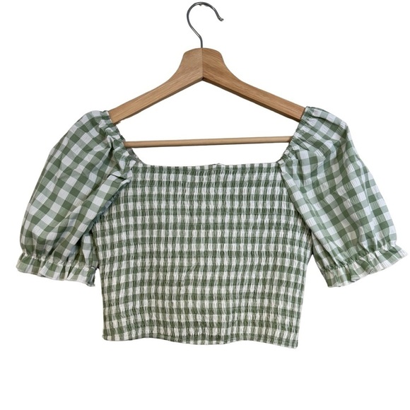 SHEIN Green & White Gingham Print Twist Front Puff Sleeve Crop Top Size 11-12Y☀️ - Picture 8 of 17